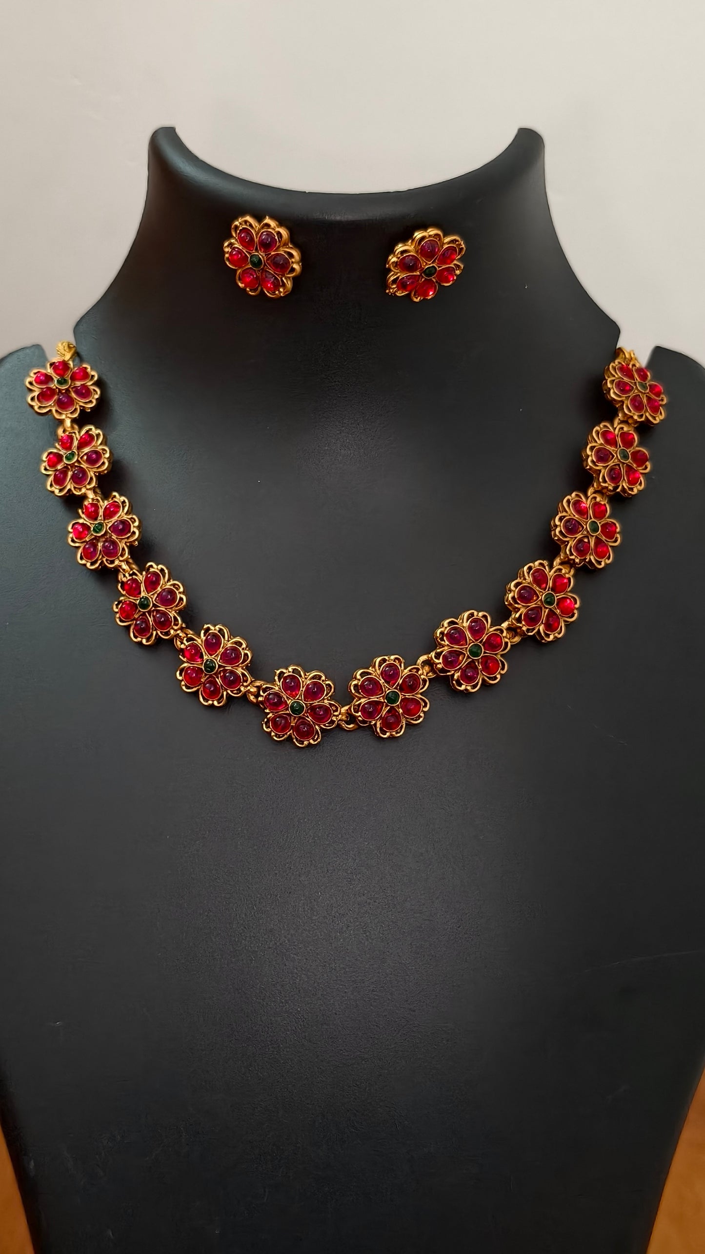 Ruby Floral Temple Necklace Set with Earrings