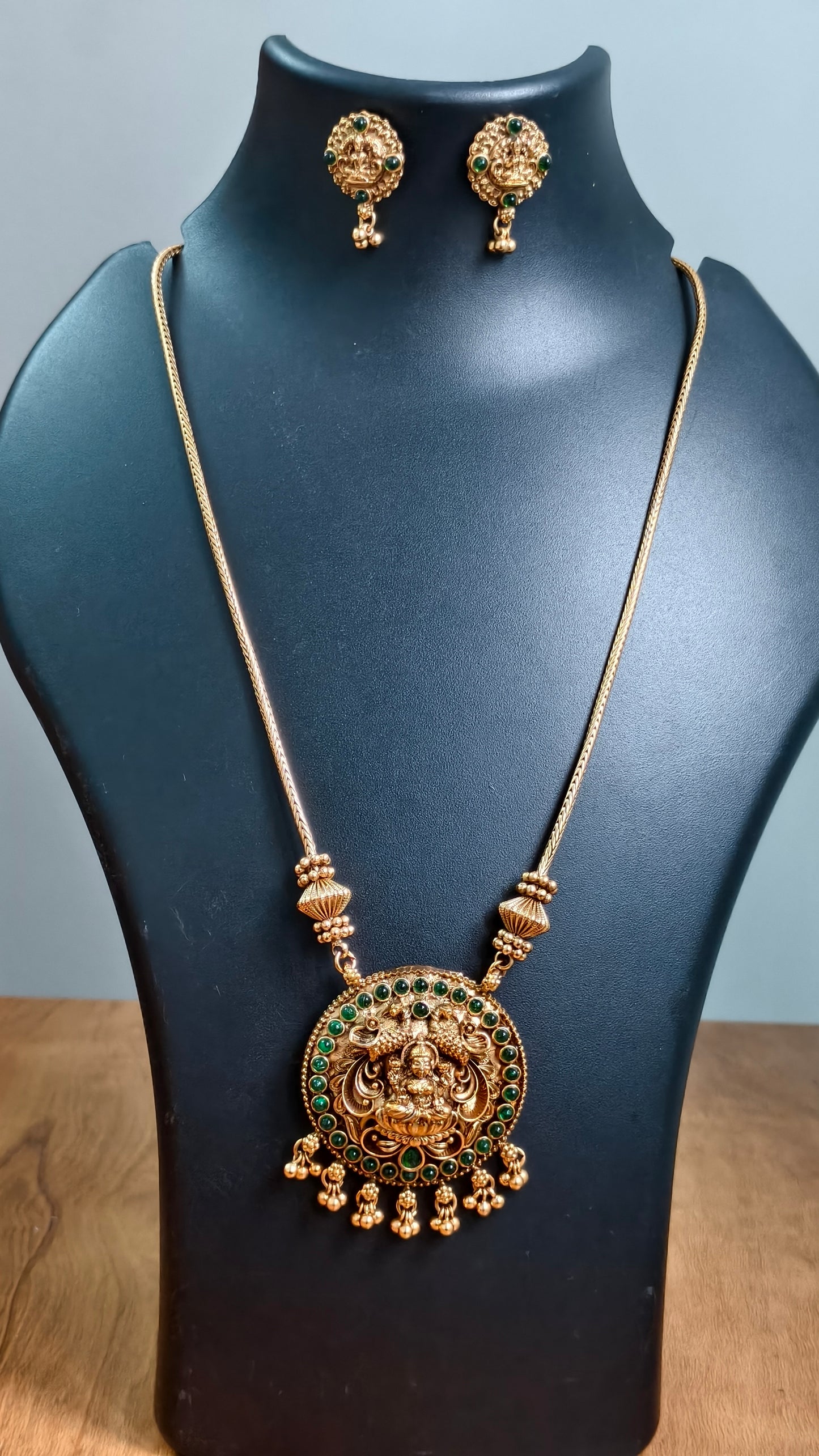 Temple Design Long Necklace Set with Green Stones